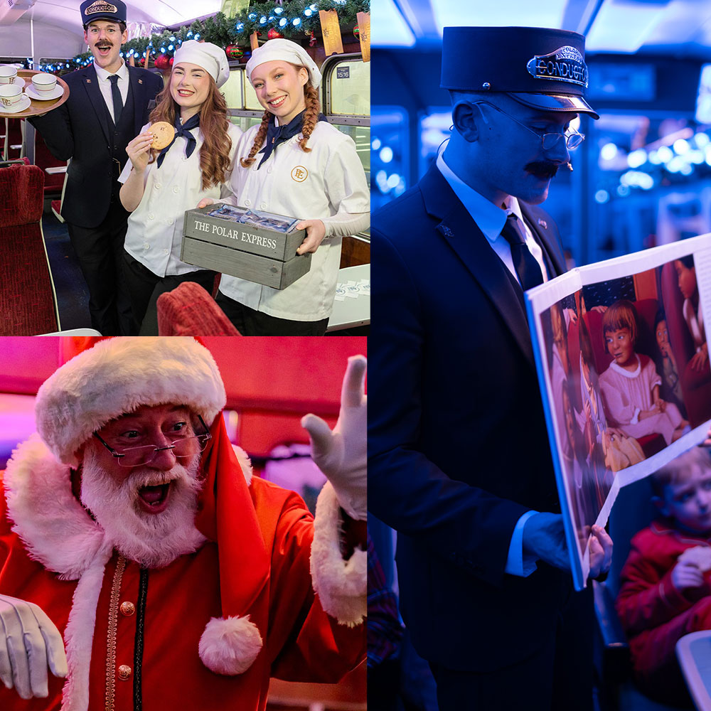 collage of santa waving the chefs and conductor and the conductor with book on board the polar express train ride